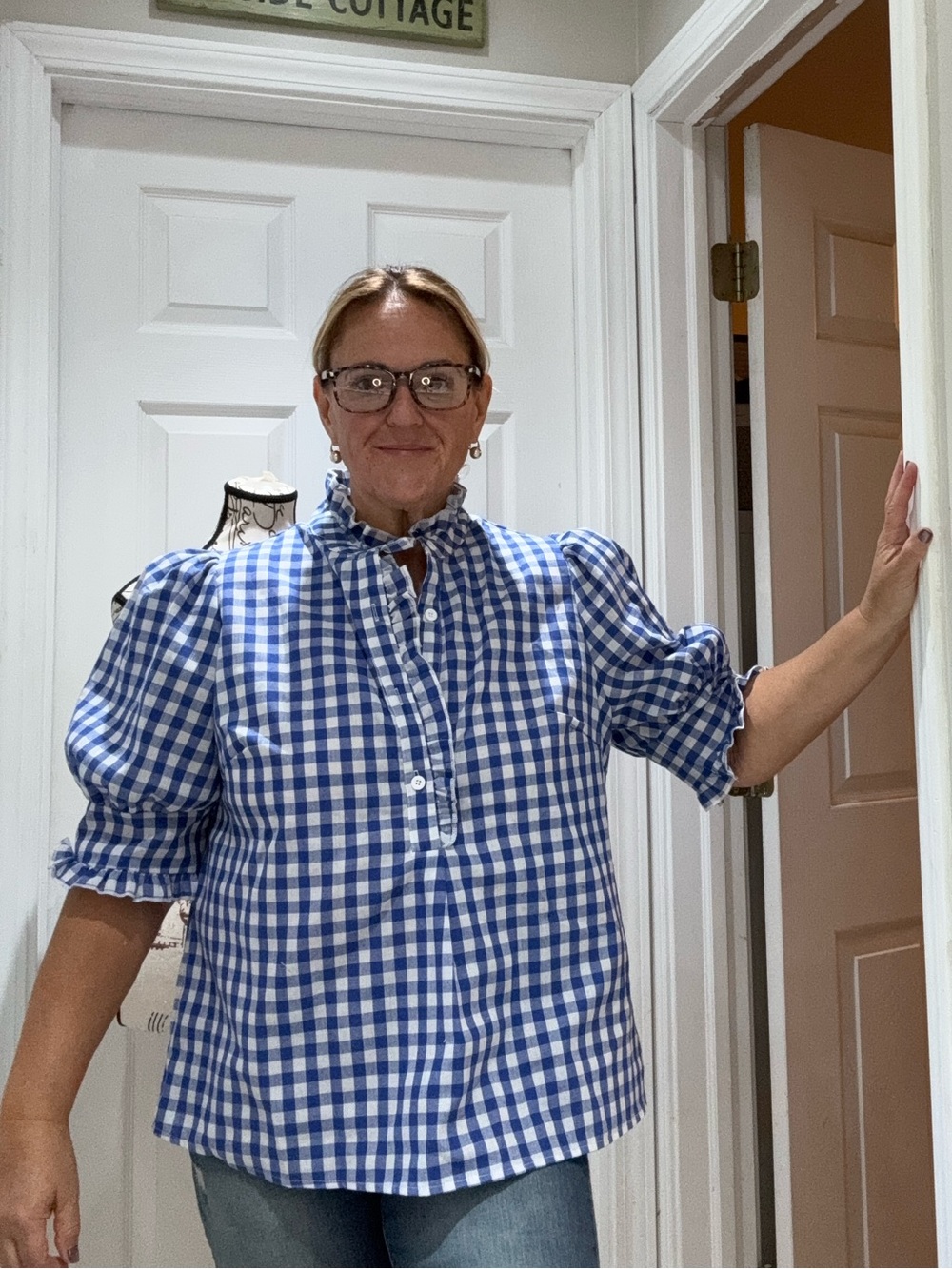 Blue Gingham Puff-Sleeve Blouse with Ruffle Neck